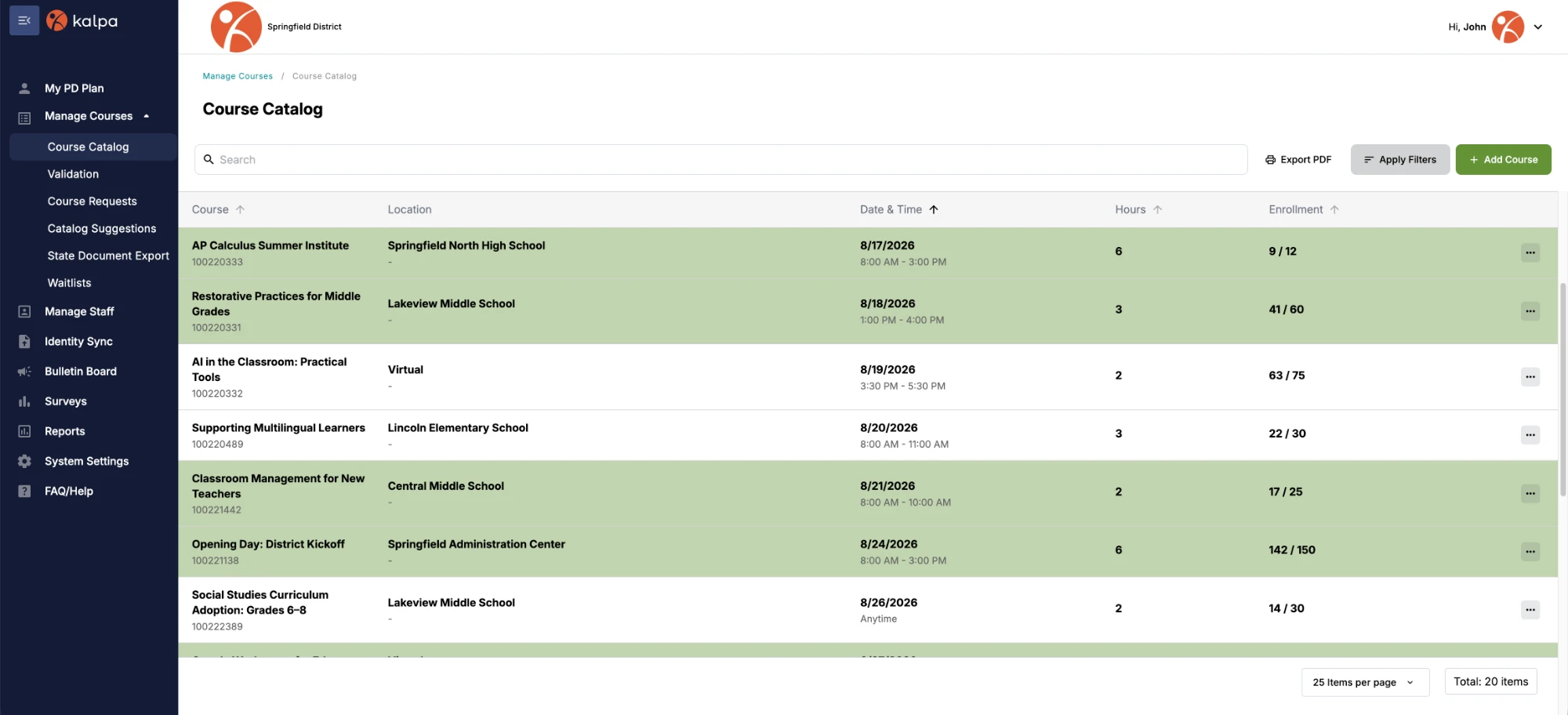 Kalpa’s Course Catalog listing upcoming courses with locations, dates, hours, and enrollment counts such as 41 of 60 seats filled