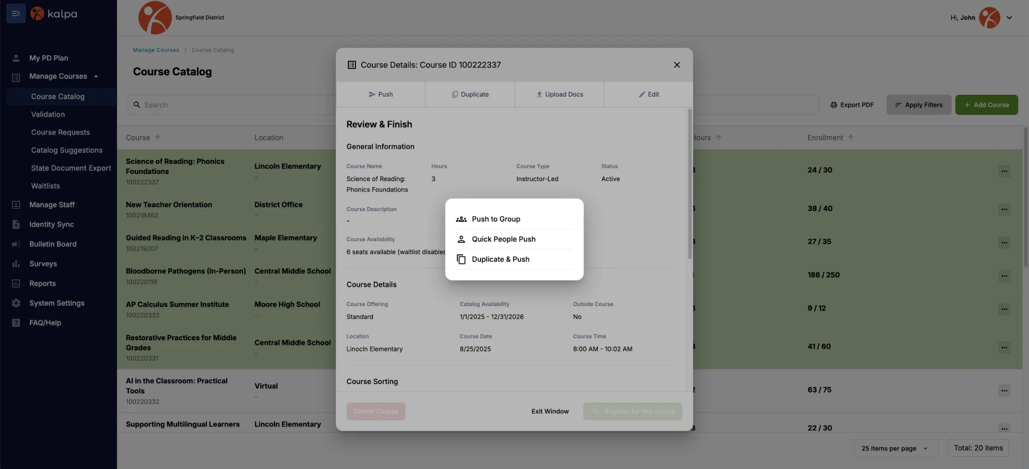 Kalpa’s Course Details window with push options: Push to Group, Quick People Push, and Duplicate & Push