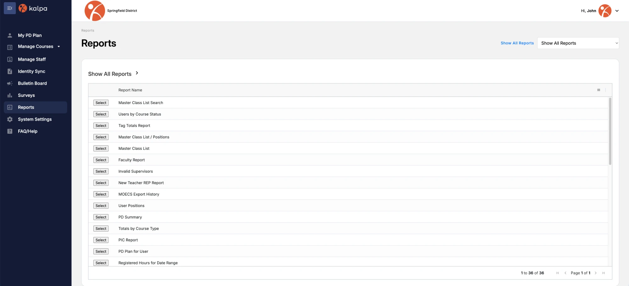 Kalpa’s Reports page listing ready-made reports such as Master Class List, Faculty Report, and PD Summary