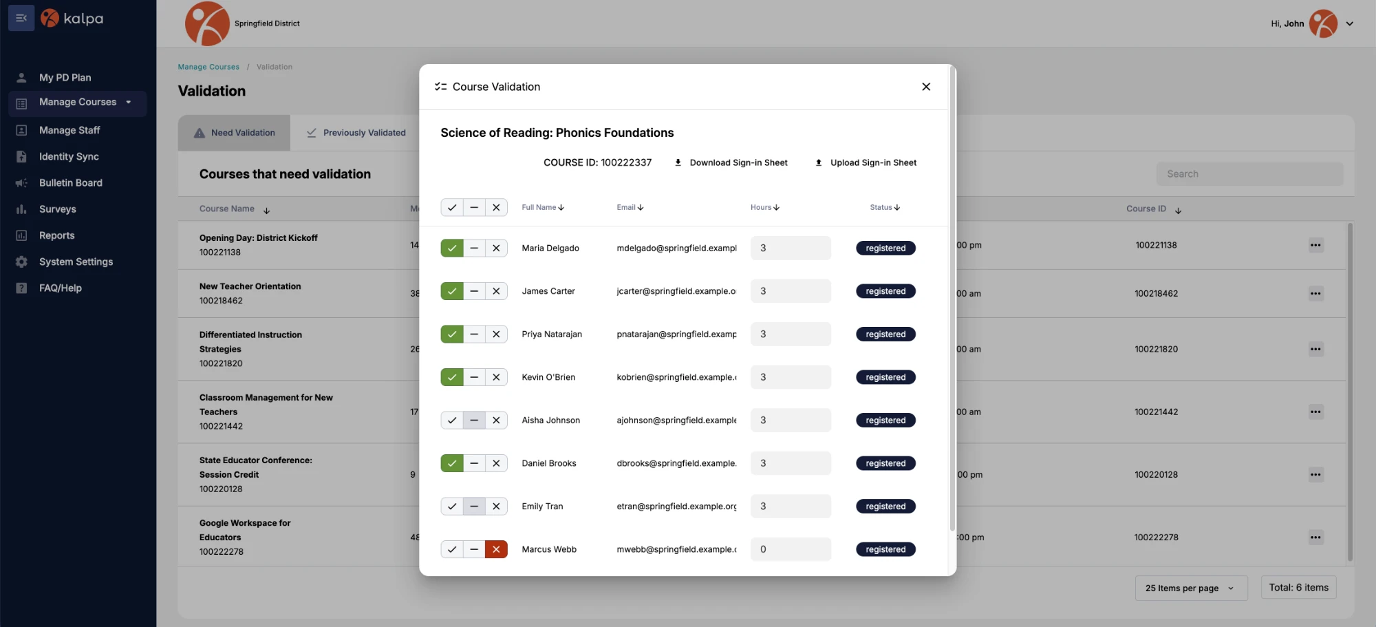 Kalpa’s Course Validation window for a course, marking each registered participant present, partial, or absent with the hours they earned